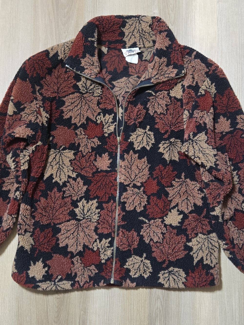 Vintage Leaf-Print Teddy Jacket - Black, Rust & Tan